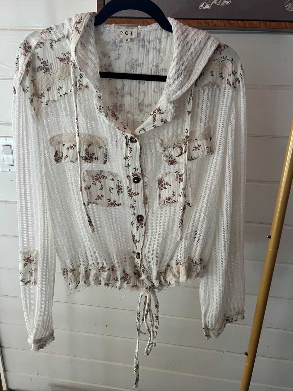 POL White Semi-Sheer Button-Down Hooded Blouse with Floral Trim
